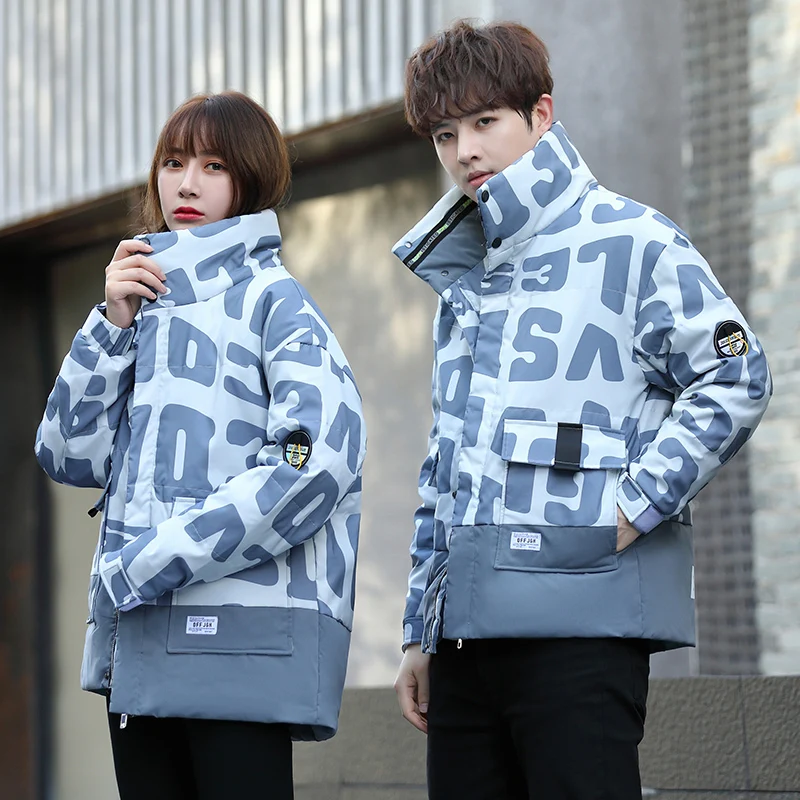 Par de chaquetas de plumón para hombre y mujer, abrigo cálido con letras de dibujos animados, combina con todo, marca de moda, viento neutro para amantes, invierno 2024