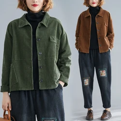 Corduroy Short Jacket Coat Women's 2022 Spring Autumn Vintage Pocket Loose Single-breasted Top Outerwear Baseball Clothes