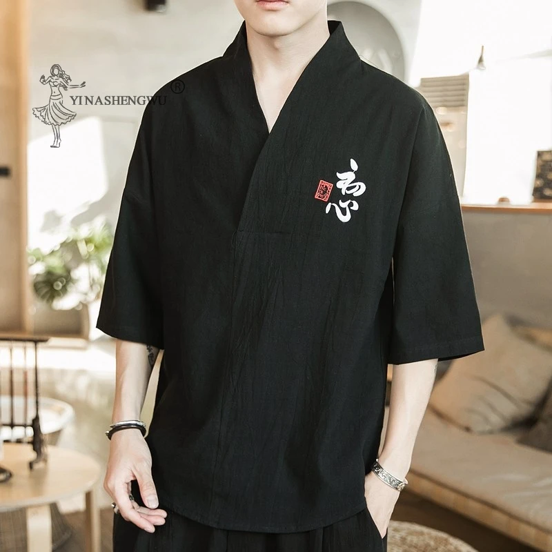 Men Embroidery T-shirt Kimono Japanese Short Half-Sleeve Shirt Japan Harajuku Trousers Asian Menswear Yukata Cardigan Costumes