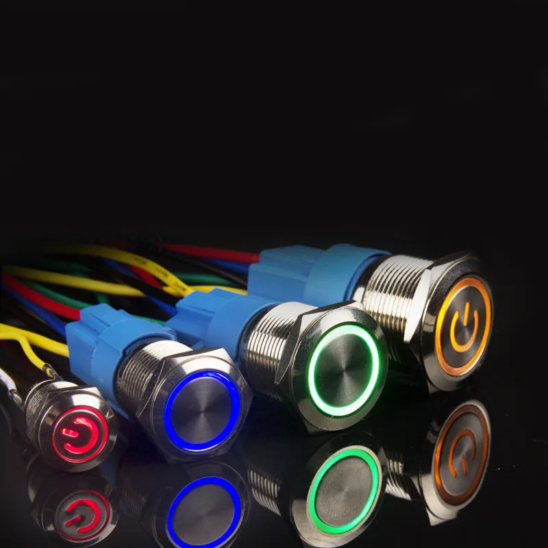 1pcs 12/16/19/22mm Waterproof Metal Push Button Switch LED Light Momentary Latching Car Engine Power Switch 6/12/220V Red Blue