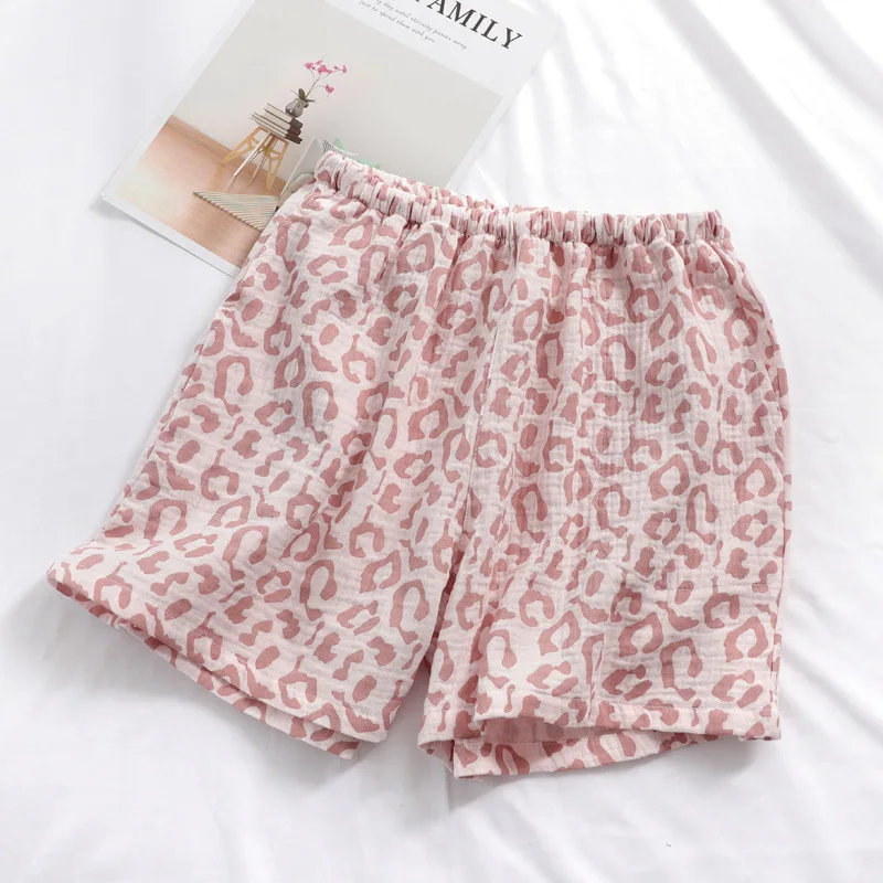 Summer new leopard print couple shorts cotton crepe women\'s thin soft and large size men\'s home pants cute shorts pajama shorts