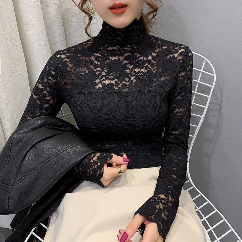 

2020 Spring Autumn Women Sexy Blouse Female Half High Collar Bottoming Shirt Feminine Slim Lace Mesh Beauty Tops