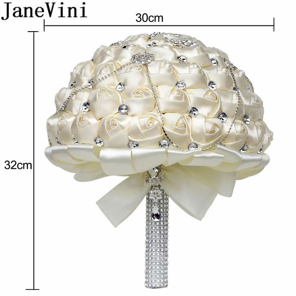 JaneVini 30CM Luxury Rhinestone Bridal Bouquet Brooch Bouquet Ivory Handmade Crystal Wedding Boeket Bouquets Satin Rose wesele