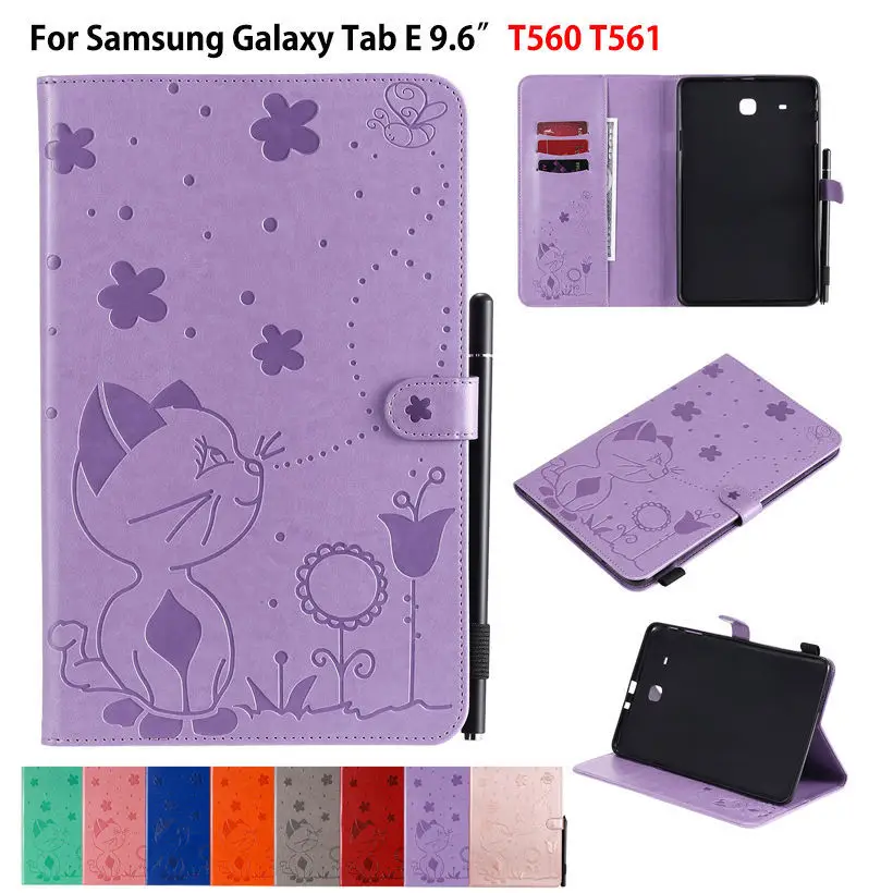 SM-T560 Case For Samsung Galaxy Tab E 9.6 T560 T561 SM-T561 Cover Funda Coque Cat Bee Embossed PU leather Stand Shell Capa