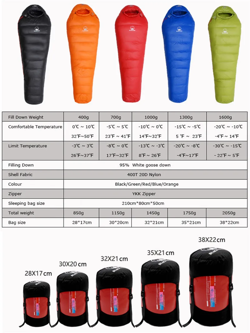 Black Snow Warm White Goose Down Filled Adults Mummy Style Sleeping Bags Fit for Winter Thermal 4 Kinds Thickness Camping Travel