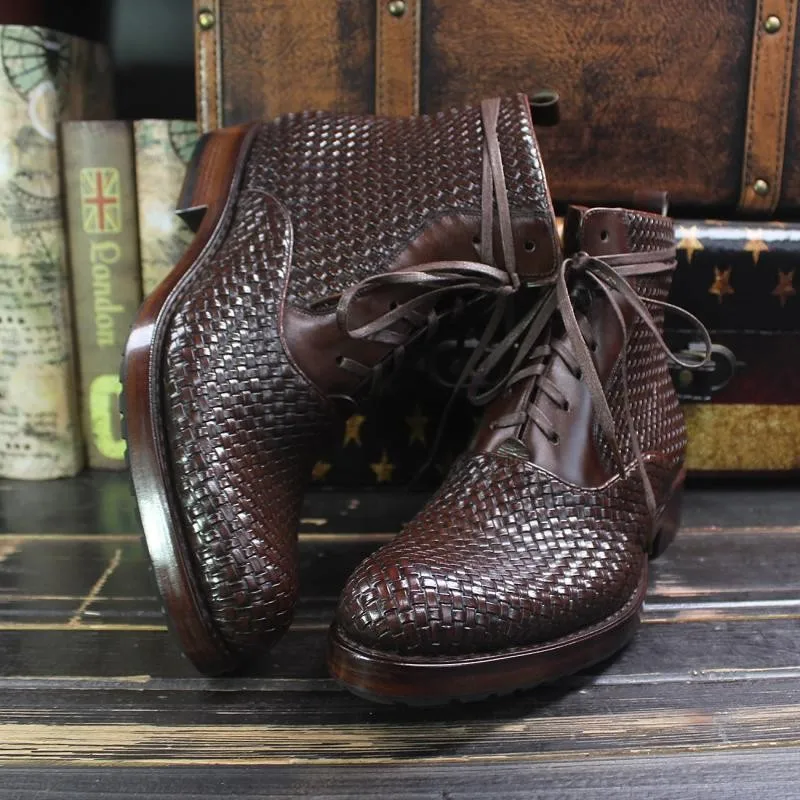 Handmade Weave Cowhide Cowboy Boots Men Vintage Genuine Leather Pointed Toe Motorcycle Bikers Boots Mens Shoes Large Size 37-45