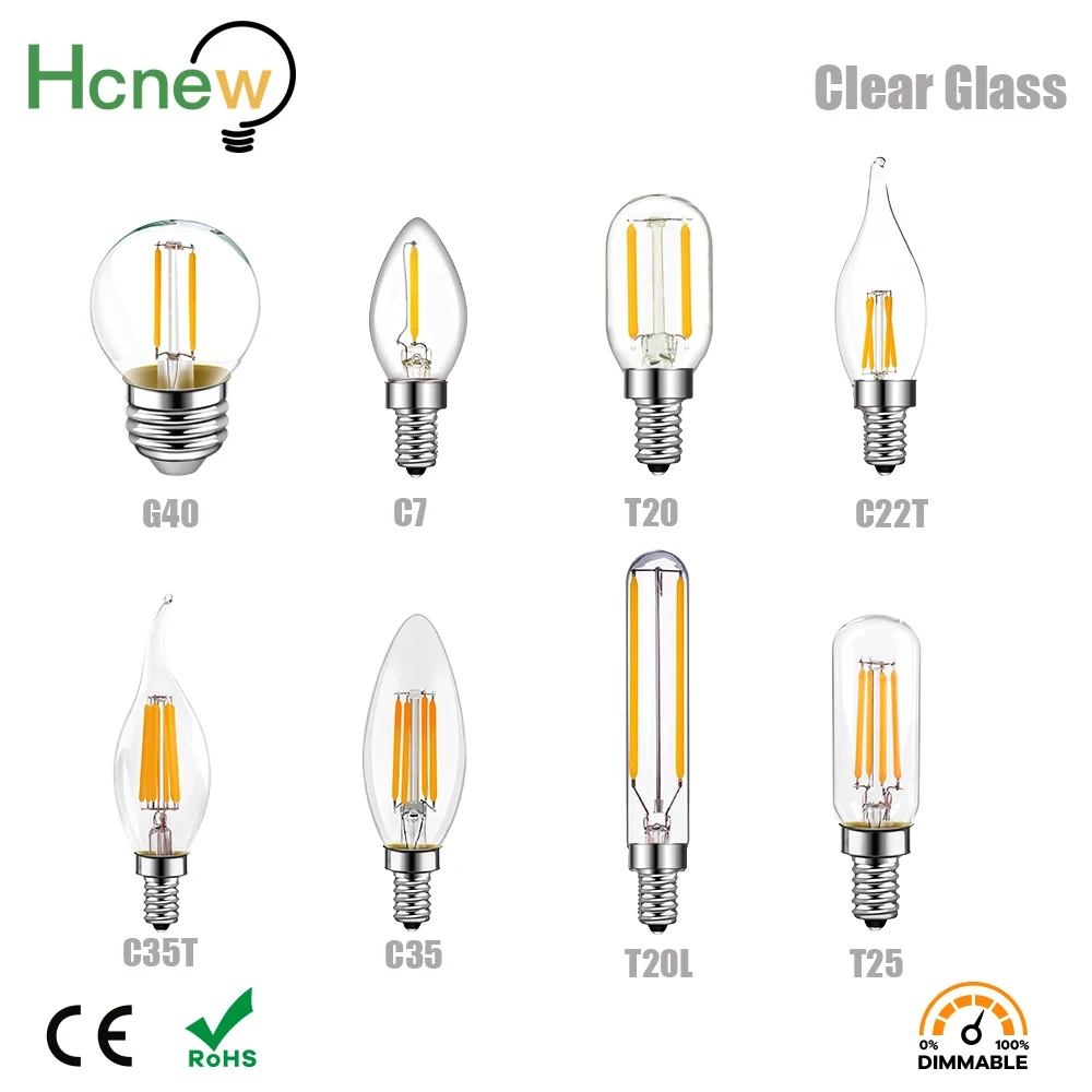 Hcnew Edison Filament Bulbs E14 Led 220V E12 Dimmable C7 C35 T20 G40 4W 6W Night Light Chandelier Salt Lava Lamp Replace Ampoule 