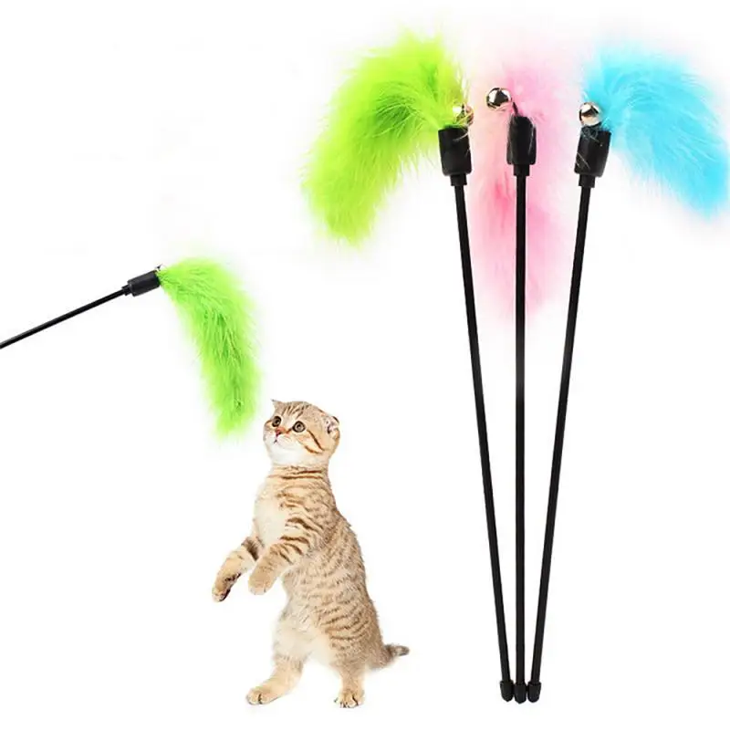 1PC Funny Kitten Cat Teaser Interactive Toy Rod with Bell and Feather Toys For Pet Cats Stick Wire Chaser Wand Toy Random Color