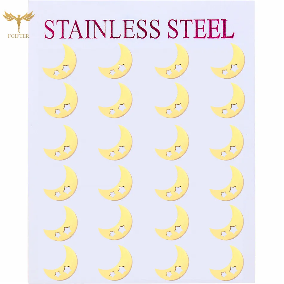 Fashion Moon Star Earrings For Women Girl Elegant Jewelry Ear Piecing Rings Stainless Steel Accessories Wholesale 12 Pairs Pack