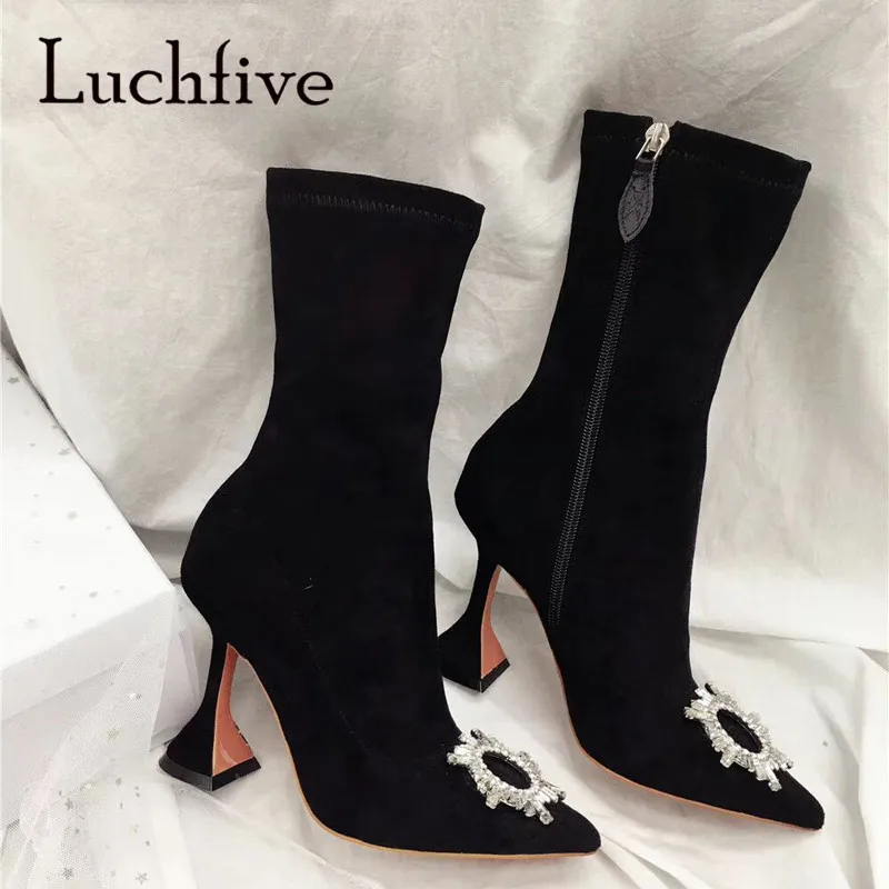 

Winter Formal Dress Shoes Women 2020 Hot Cup Heels Crystal Sun Flower Pointy Toe Ankle Boots Women Black Slim Fit Sock Boots