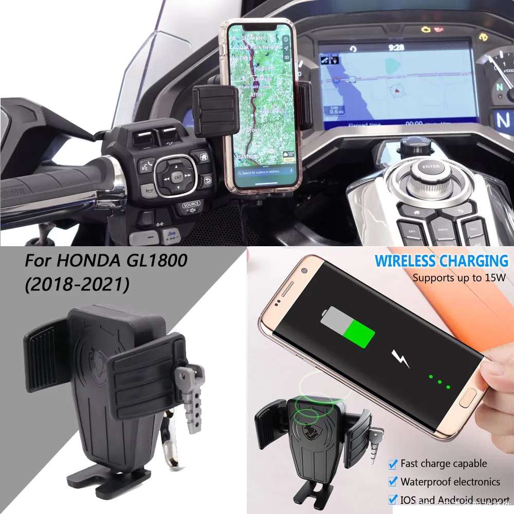 

GPS Phone Holder With 15W Wireless Fast Charger Support Bracket For HONDA GL1800 Gold Wing Tour DCT Airbag 2018-2021 2020 2019