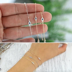 100% 925 sterling silver cute lovely blue white cz evil eye link chain minimal delicate thin chain women girl adorable bracelet