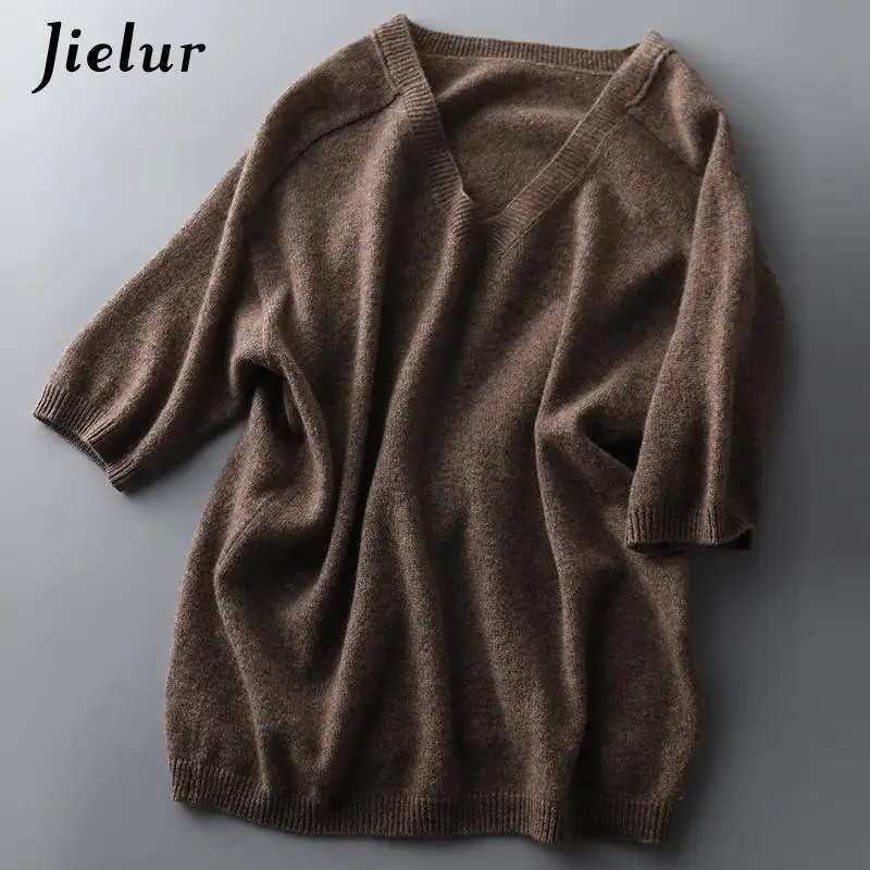 Jielur Solid Colour Knitted Women\'s Sweater Short-Sleeved Ladies V-Neck Cotton Pullover Korean Bottoming Shirt Sweater Summer