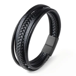 Trendy Genuine Leather Bracelet Men Stainless Steel Magnetic Buckle Multilayer Braided Bracelets for Male Female Bangle Jewelry