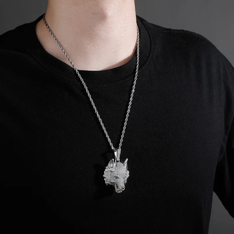 Hip Hop AAA+ CZ Stone Paved Bling Ice Out Cool Wolf Head Pendants Necklaces for Men Rapper Jewelry Drop Shipping