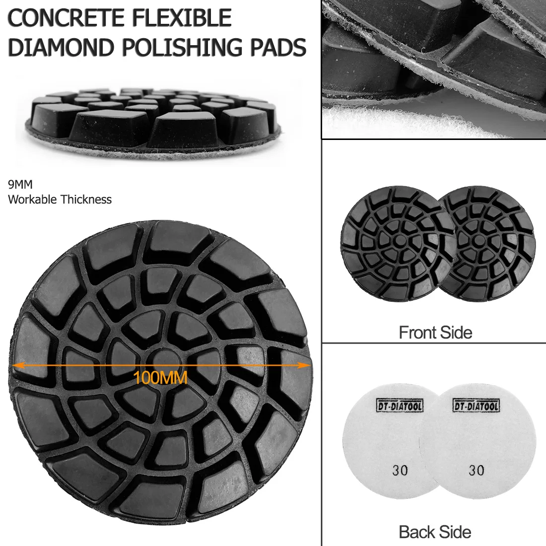 Disques de polissage pour sol en Nylon, 9 pièces/ensemble, Dia DT-DIATOOL mm/4 pouces, résine diamant, collage, béton, support en ciment, renouvellement de sols, 100