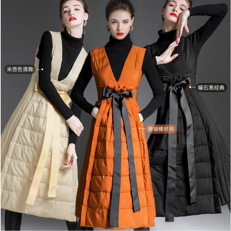 Autumn And Winter Duck Down Long Skirt Thin And Warm Waist Waist And Big Swing Sleeveless Pullover Down Jacket Women Long Dress