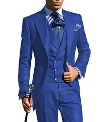 Jeltonewin Royal Blauwe Ochtend Diner Party Kostuums Mannen 3 Stuks Formele Suits Tailcoat Pak Set Bruidegom Smoking Voor mannen