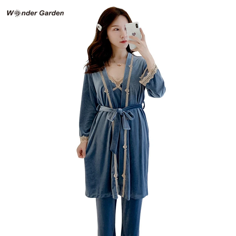 Wonder Garden Fshion Velvet Pajamas Set Woman Warm Sleepwear Letter Printing Casual Three-piece Suit Fall Winter Belt Nightwear