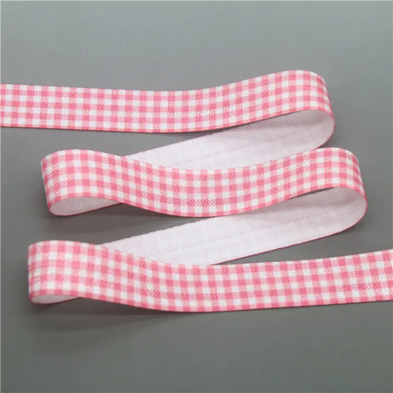 DHK 5/8'' 5yards Plaid Grid printed Fold Elastic FOE stretch ribbon hairbow headwear headband DIY OEM E1908