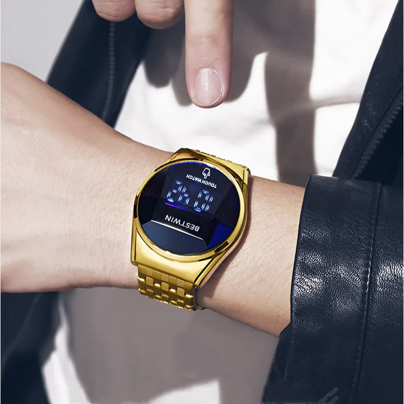 

Fashion LED Touch Screen Round Men Digital Watch Sapphire Mirror Gold Stainless Steel Strap Quality Watches Relogio Masculino