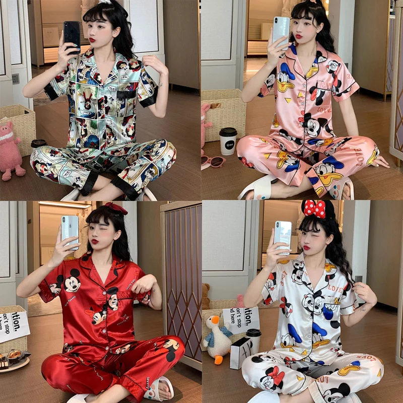 Pijama con estampado de Mickey y Minnie para mujer, pantalones de manga corta de seda de hielo, traje fino de servicio a domicilio, Verano