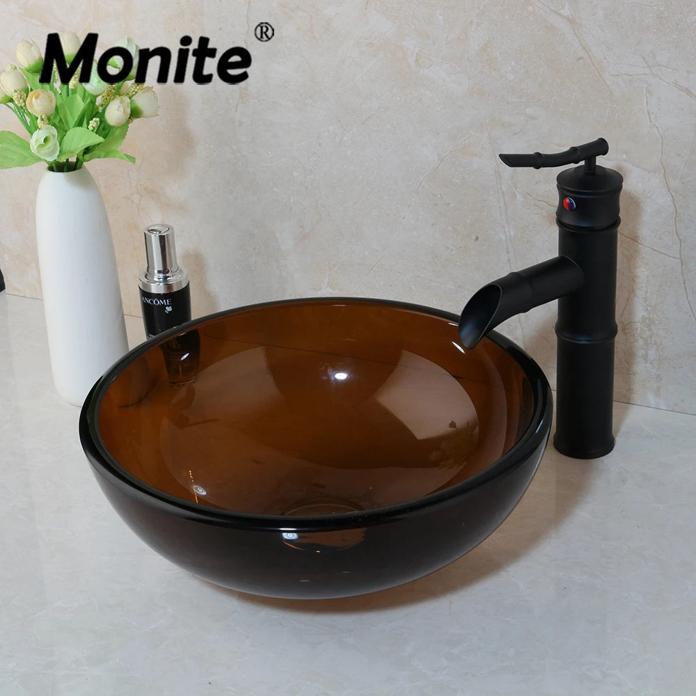 Monite Grey Tempered Bathroom Glass Sink Round Sink Set 4 Colors Glass Sink ORB Bamboo Waterfall Bathroom Faucet W/ Pop UP Drain