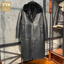 Winter Mens Thick Warm Real Fur Lining Long Jacket Natural Wool Shearling Overcoat Genuine Leather Jacket Plus Size 6XL Coats