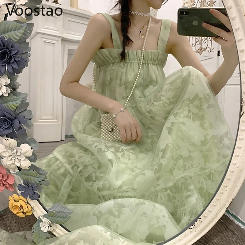 Summer Sweet Green Floral Print Tank Dress Women Elegant Chic Lace Ruffles Mesh Party Dresses Female Holiday Beach Straps Dress