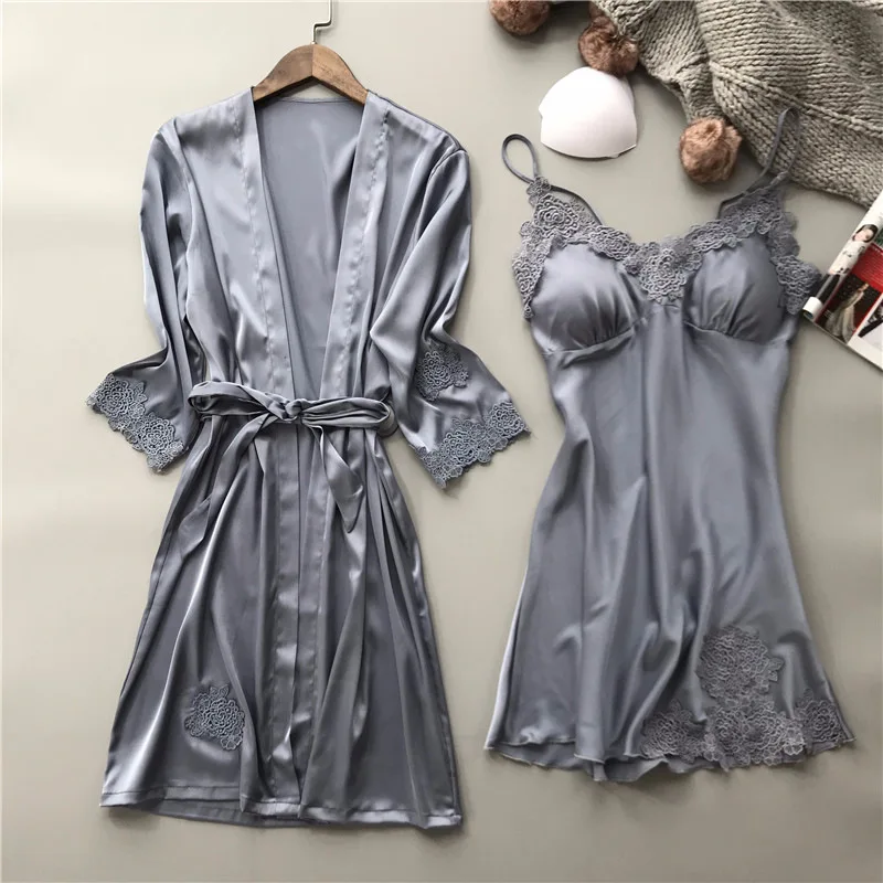 Lisacmvpnel Lace Sexy Women Robe Set V-Neck With Chest Pad Nightdress Cardigan Set Nightwear