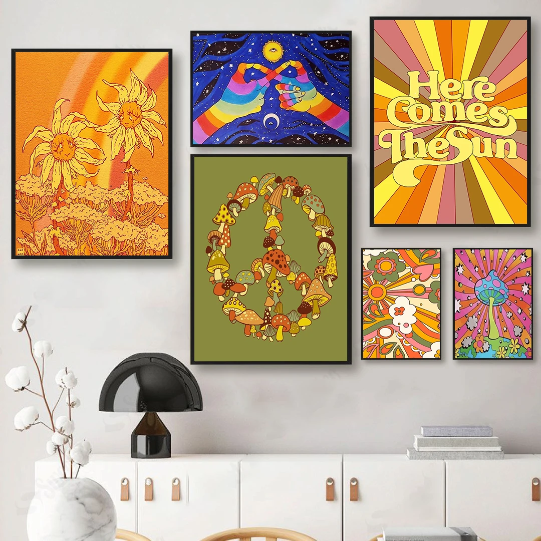 Hippie Aesthetics Wall Collage Photo Wall Print Independent Psychedelic 70s Art Poster Abstract Canvas Painting Nordic Decor