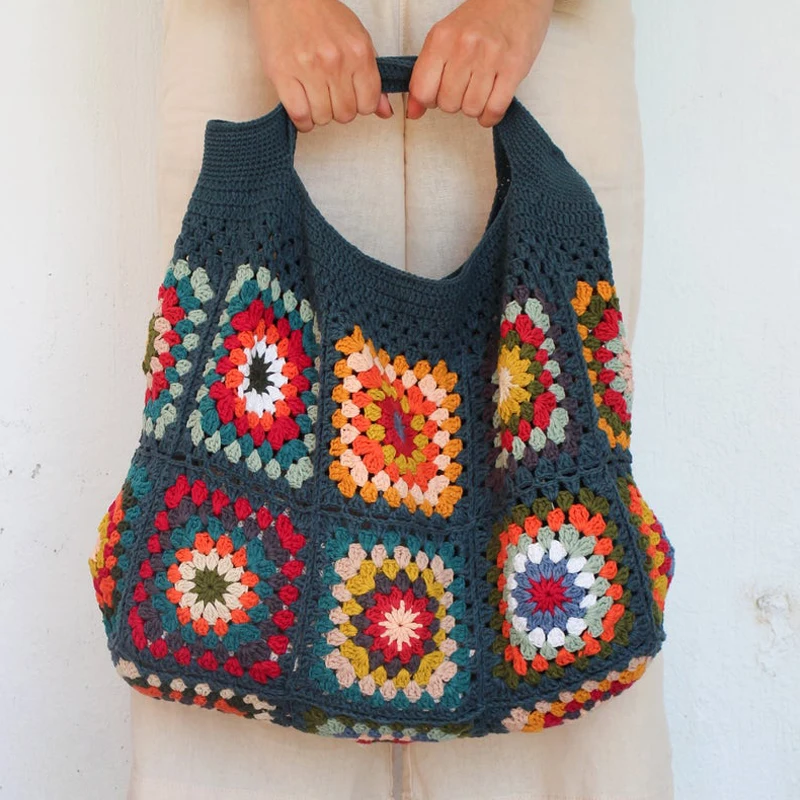 Navy Granny Square Crochet Bag Hippie Classic Handmade Crochet Colorful Boho Chic Shoulder Tote Bags For Winter