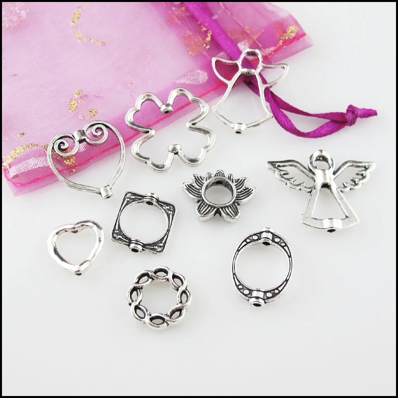 Fashion New Lotus Heart Oval Circle Clover Angel Square Heart Charms Spacer Frame Beads Tibetan Silver Plated