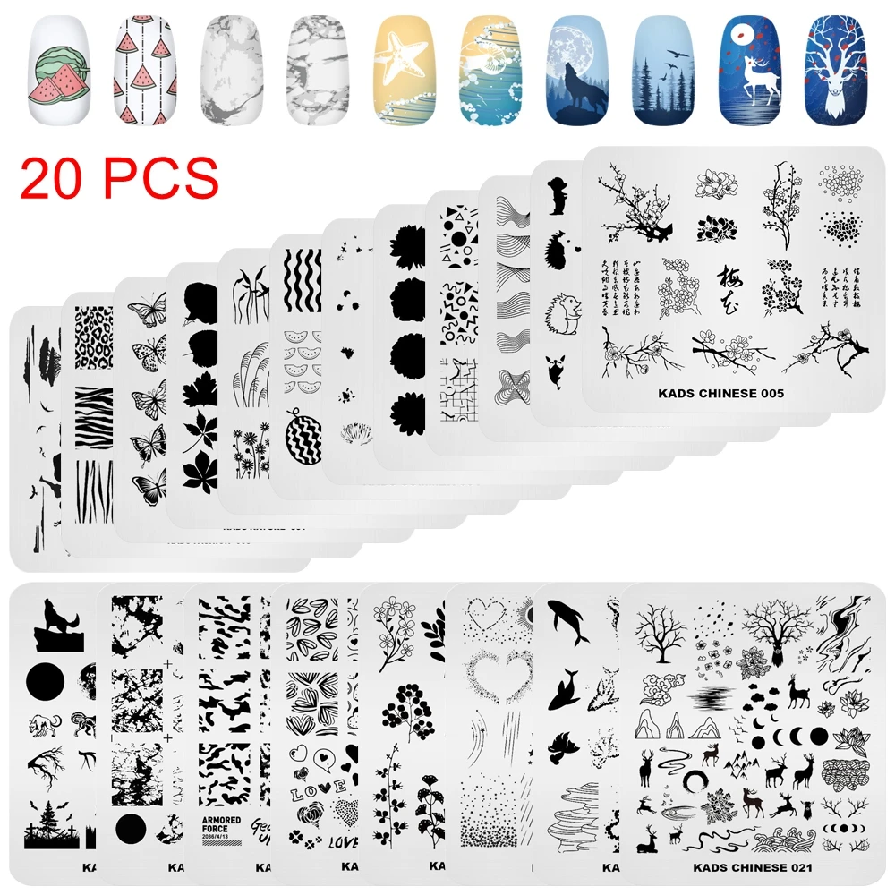 KADS-Prego Stamping Plates Set, Nail Art Plate, Stencil Leaf Stamp, Molde, chinês, novo, 20 pcs, 5pcs, 2021