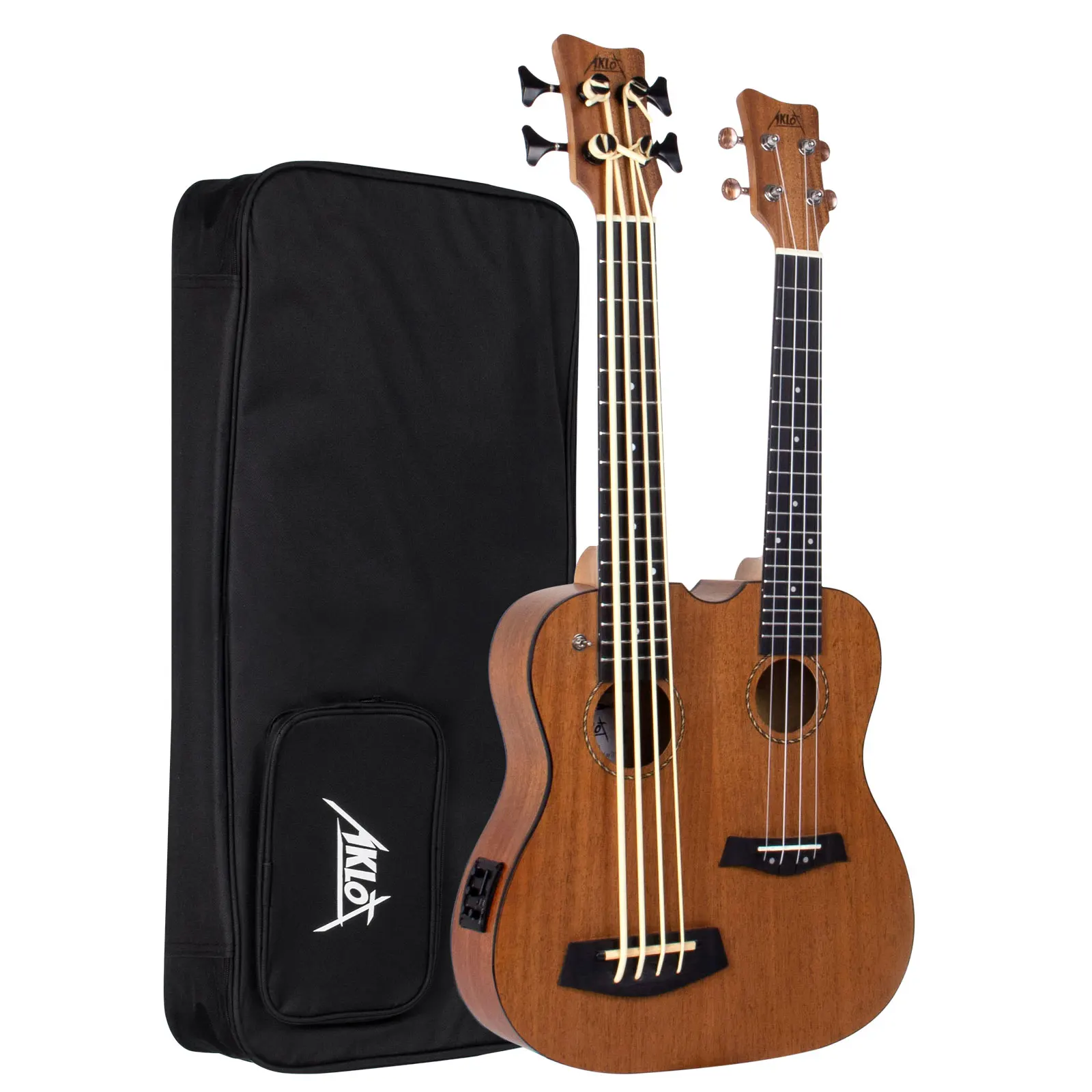 Aklot Professional 28 Inch Ukulele Double Neck Headstock Ukulele and Ubass Mahogany