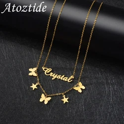 Atoztide – collier avec nom personnalisé pour femmes, ras du cou en acier inoxydable avec étoile et papillon, pendentif Double couche avec lettres, cadeau pour femmes