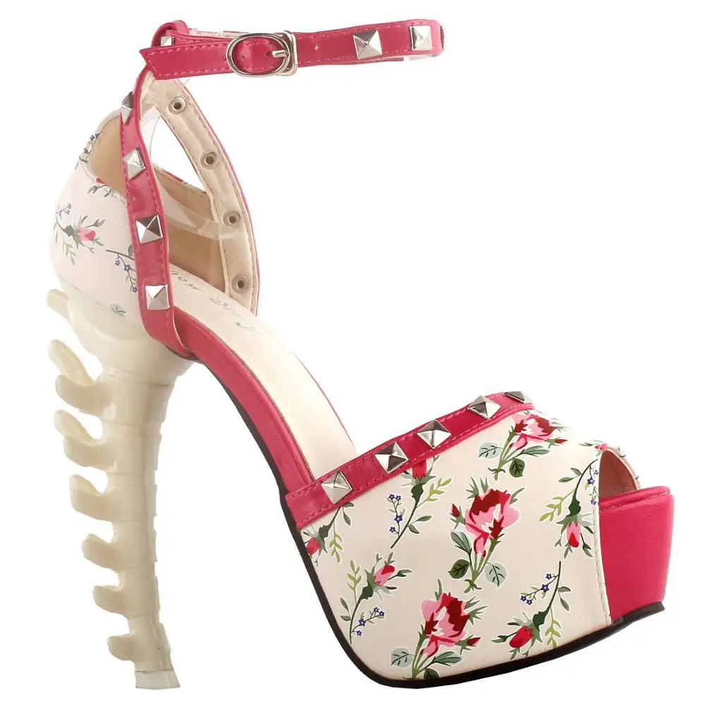 

LF80646 SHOW STORY Punk Floral D-Orsay Stud Polka Dots Platform Bone Heel Club Sandals