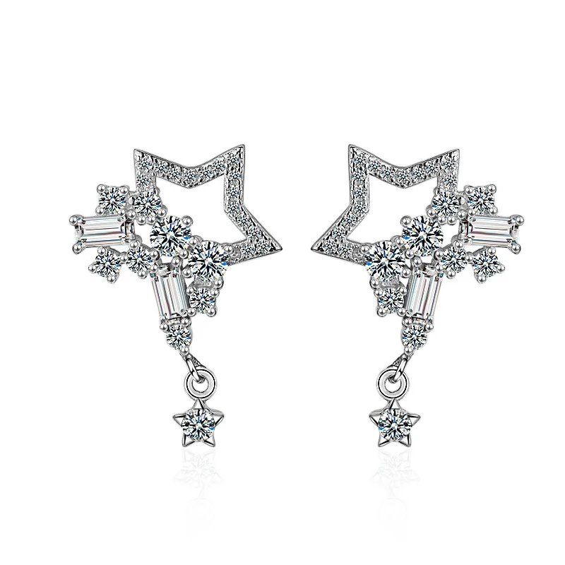 Silver Plated Exaggerated Long Temperament Stud Earrings Jewelry Simple Zircon Pentagram Meteor Earrings Exquisite Jewelry