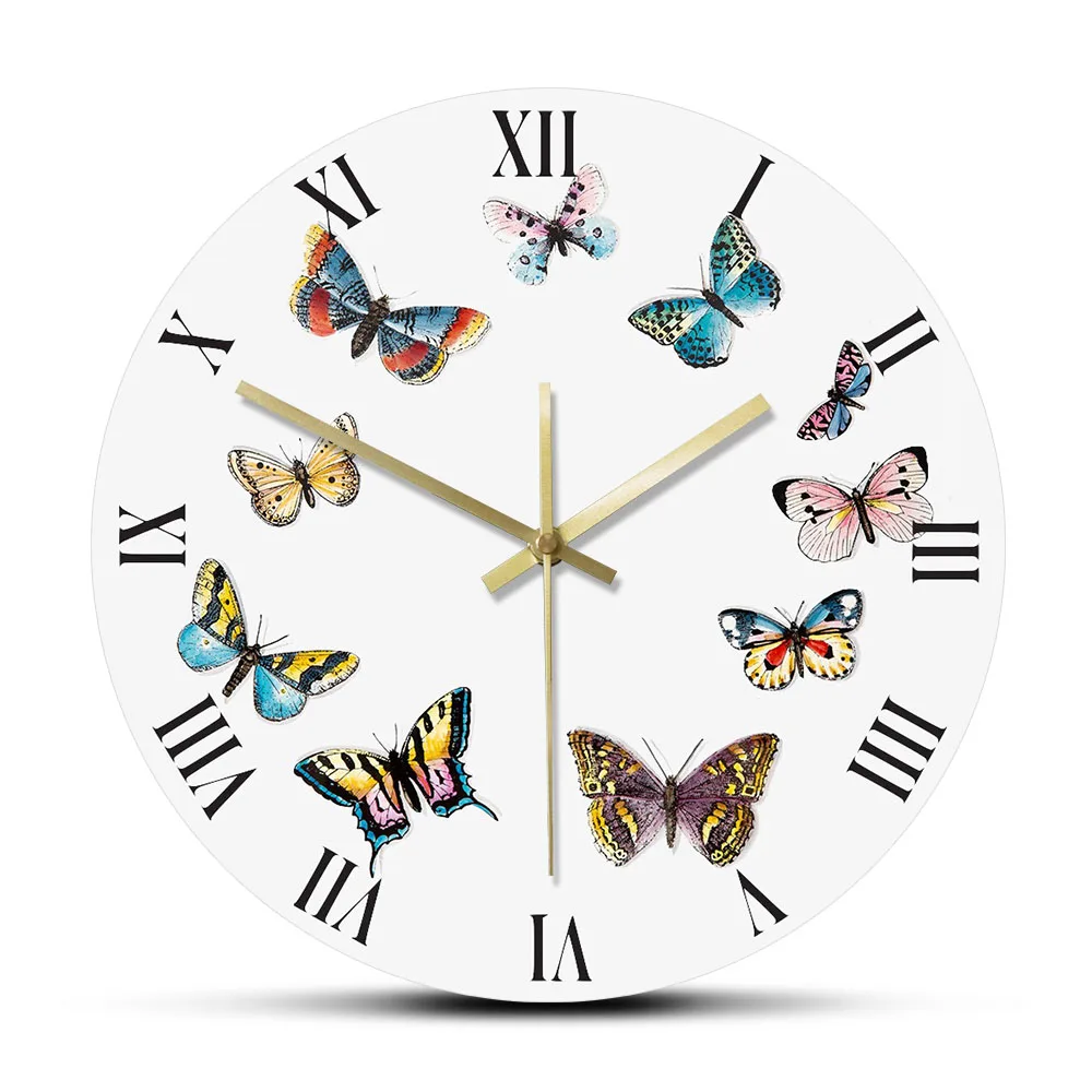 Colorful Butterflies with Roman Numerals Modern Wall Clock Bedroom Kitchen Silent Hanging Clock Wall Watch Butterflies Gift Idea