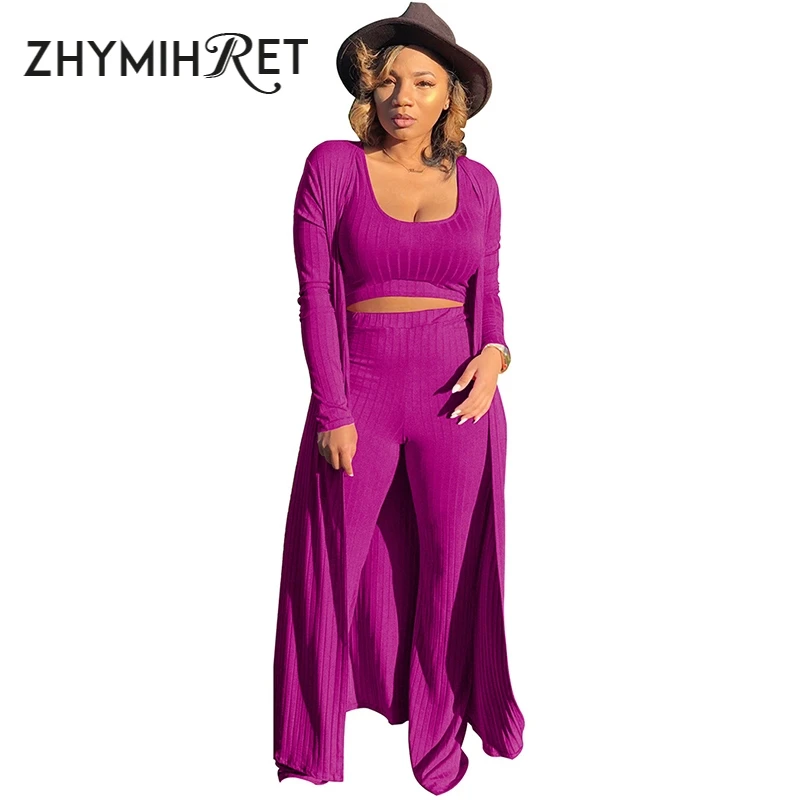 ZHYMIHRET 22023 Autumn Winter Ribbed 3 Pieces Set Women Crop Top High Waist Wide Leg Pants Set Long Sleeve Trench Coat