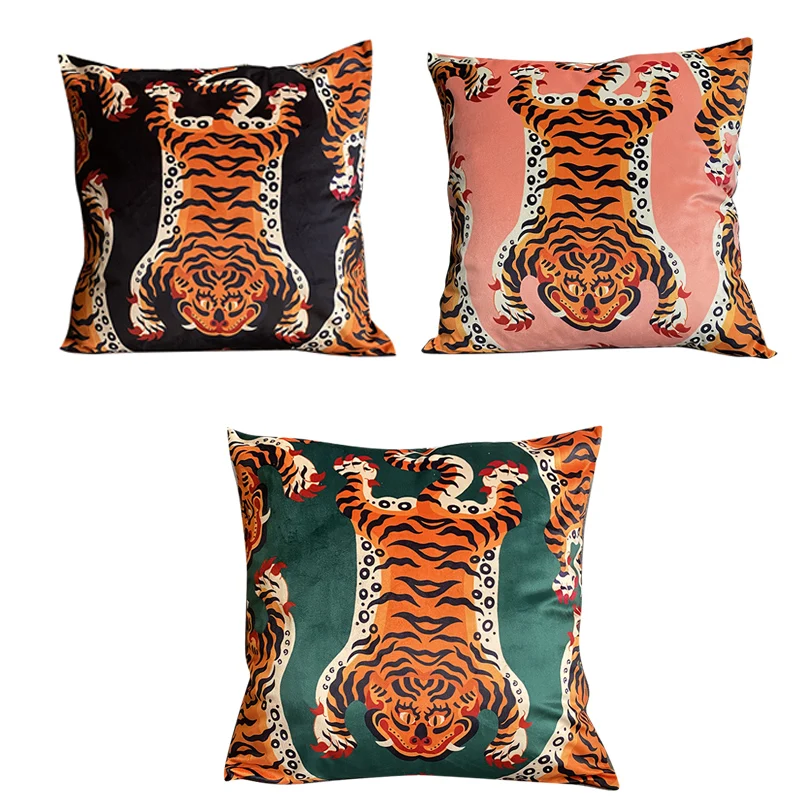 DUNXDECO Art Cushion Cover Decorative Square Pillow Case Vintage Artistic Tiger Print Soft Velvet Warm Hues Sofa Chair Coussin