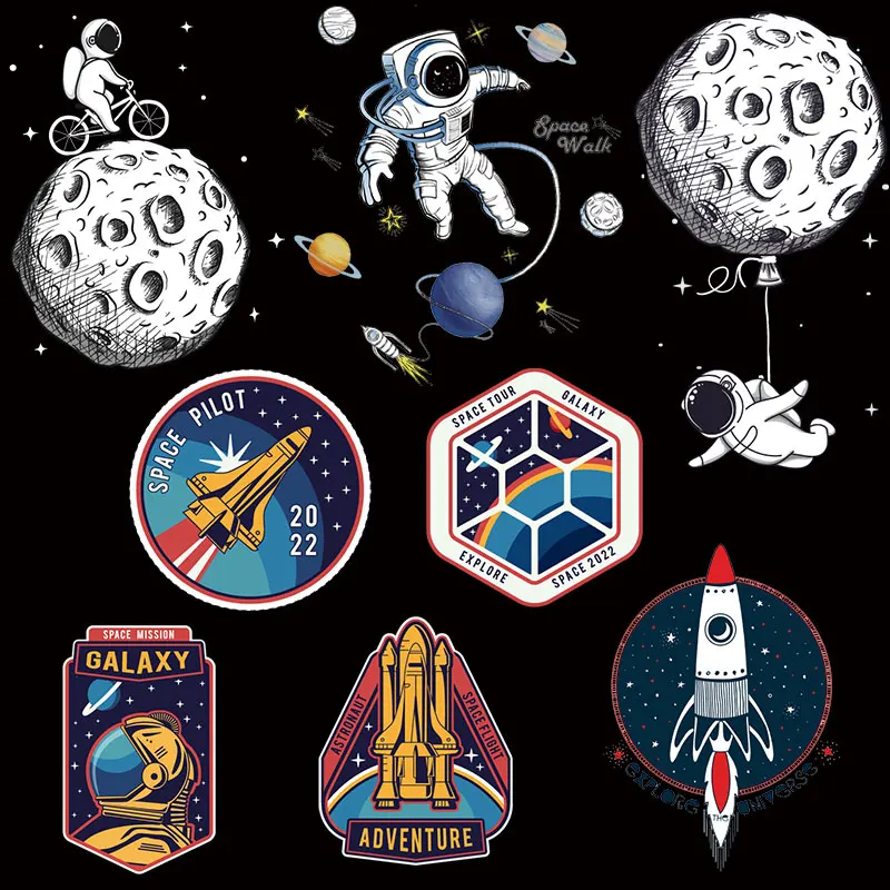 

DIY Cartoon Space Heat Transfer Vinyl Thermo-stickers On Clothes Rocket Patch Moon Iron-On Transfers For Clothing T-shirt Stripe