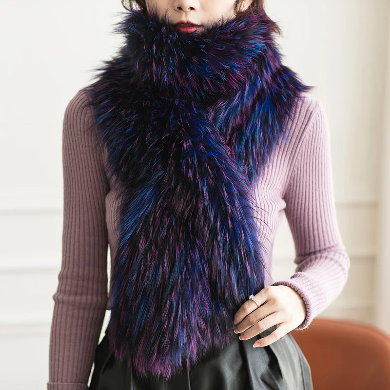 Besfilin Lengthened Natural Real Fox Fur Woven Scarf Collar for Women, Double Sided Knitted, Soft, Keep Warm, Autumn and Winter