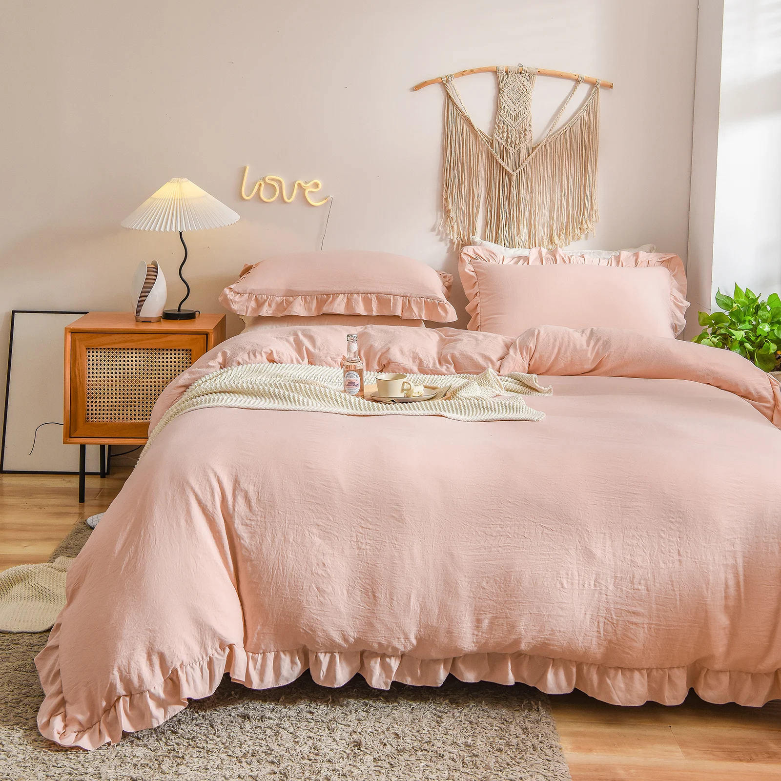 

Pink Bedding Pink Ruffle Duvet Cover Set Solid Ruffled Fringe Design Soft Vintage Country Bedding Sets