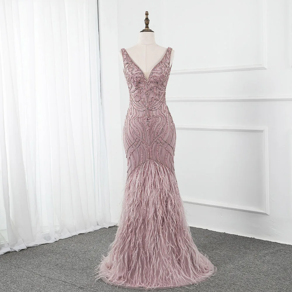 YQLNNE Pink Feathers Long Evening Dresses V Neck Diamonds Beaded Backless Mermaid Evening Gown Formal Party Dress