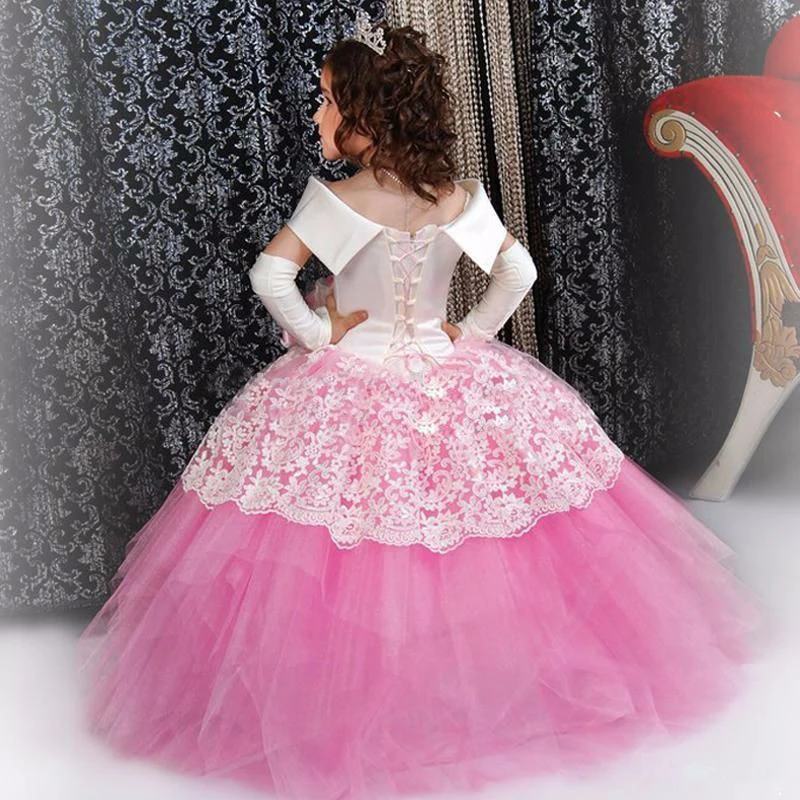 Neue Pfirsich Rosa Blume Mädchen Kleider Für Hochzeit Perlen Backless Mädchen Geburtstag Party Abendkleid Tüll Prinzessin Ballkleid