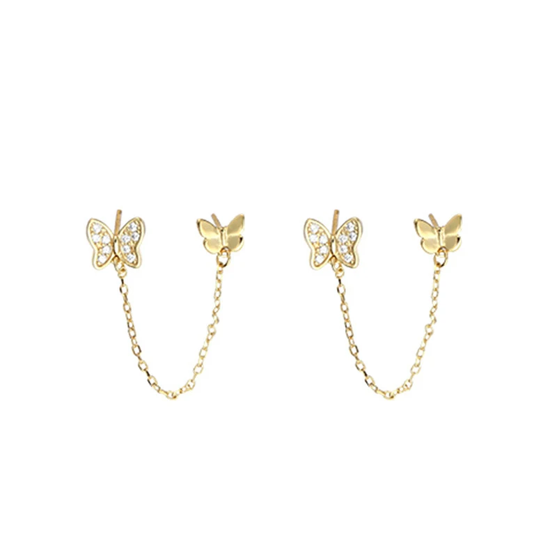 ANENJERY Butterfly Stud Earrings for Women Double Ear Hole Tassel Chain Earrings Jewelry