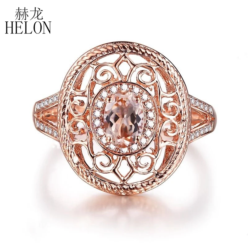 

HELON Flawless Oval 6x4mm Morganite Ring Ring 14K Rose Gold Natural Diamonds Engagement Wedding Ring Women Fine Jewelry Gift