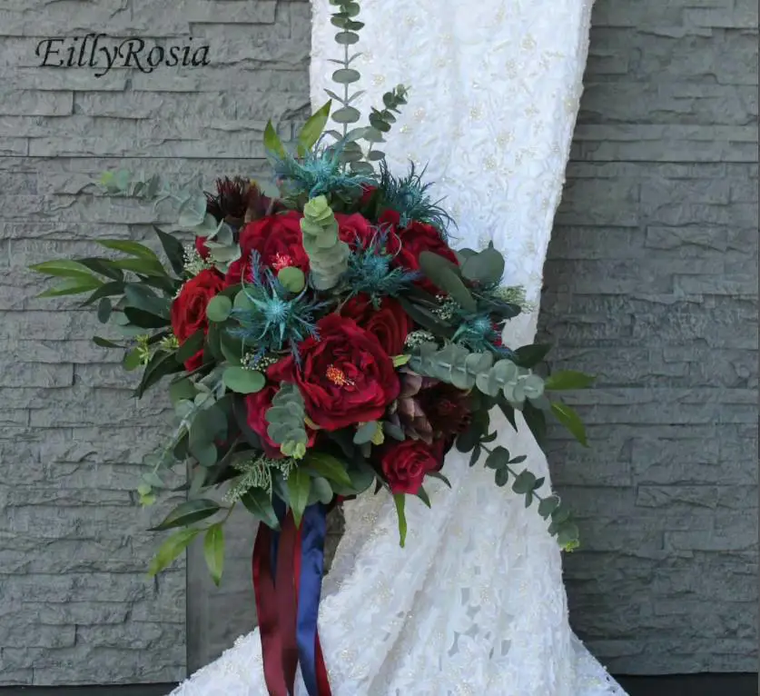 Natural Design Burgundy Bridal Bouquet Eucalyptus Blue Eryngium Wine Red Peony Silk Ribbon Rustic Wedding Bouquet Flowers Bride