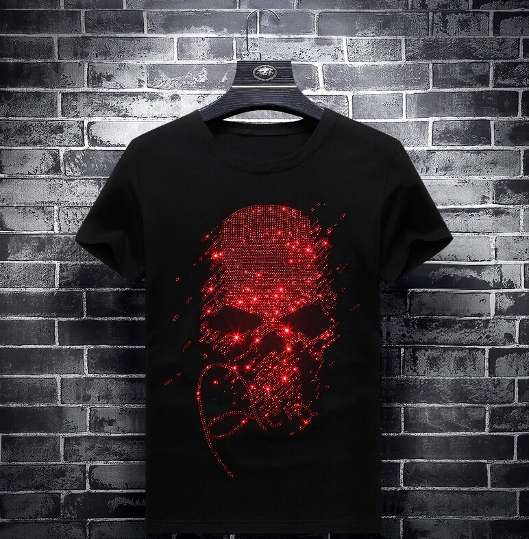 Hot drill  tshirt men Rhinestones cotton Skull T Shirts Men\'s Streetwear Summer Style Short Sleeve Men t-shirt